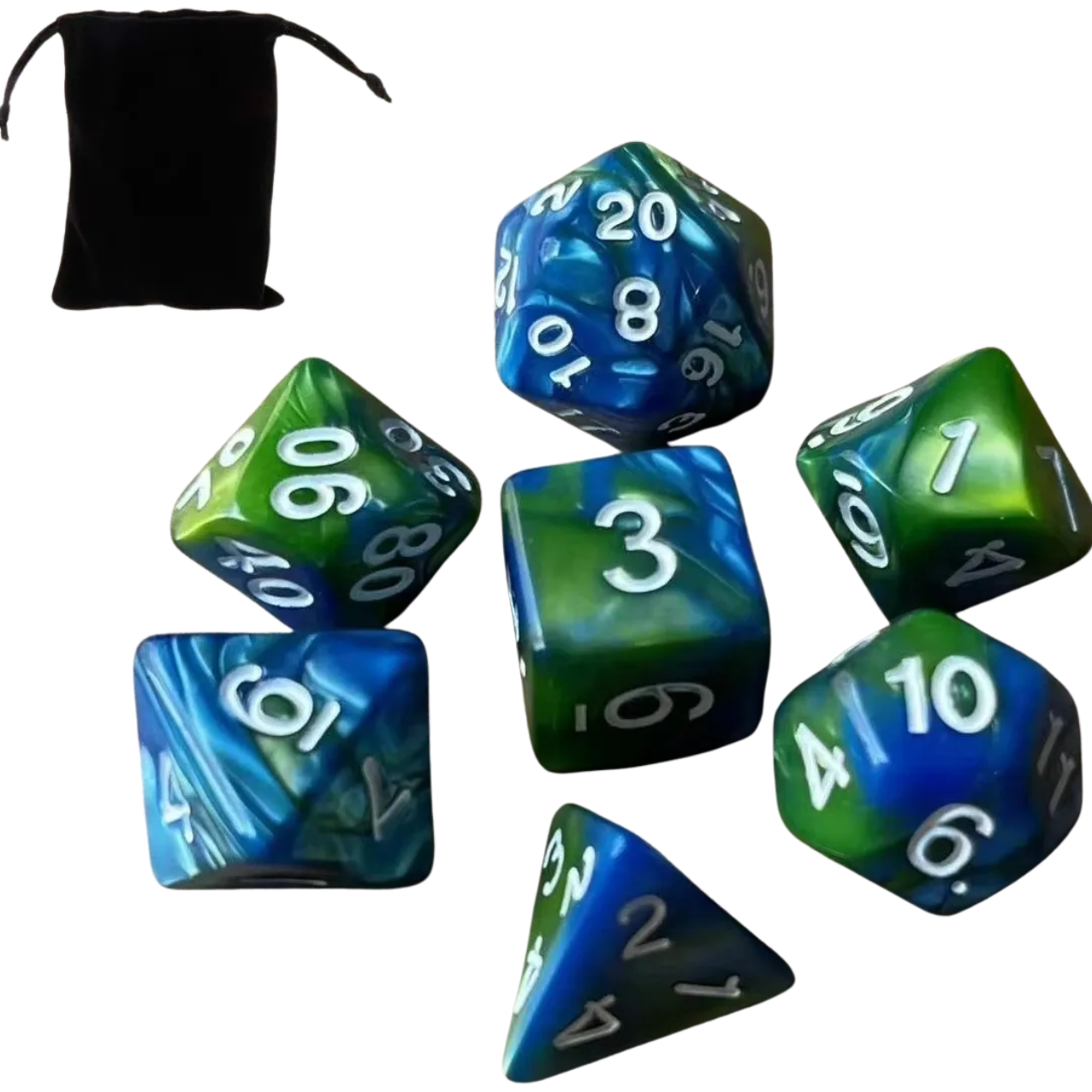 Set de dados (7 unidades) con bolsa